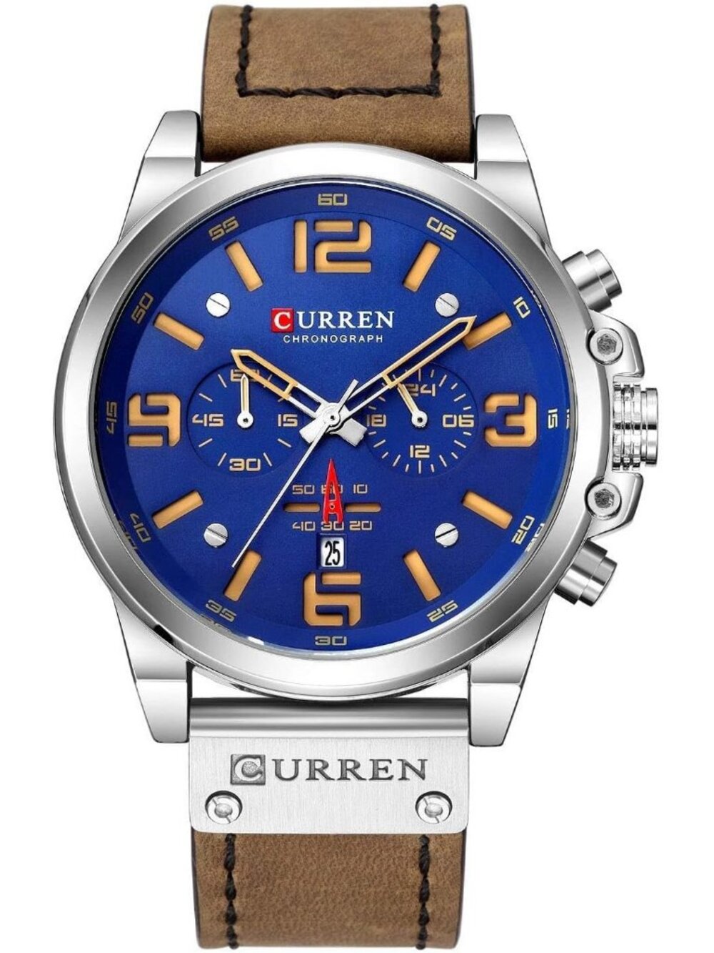Men's Brown And Blue Analog Leather Strap Sandwich Dial Chronograph Wrist Watch